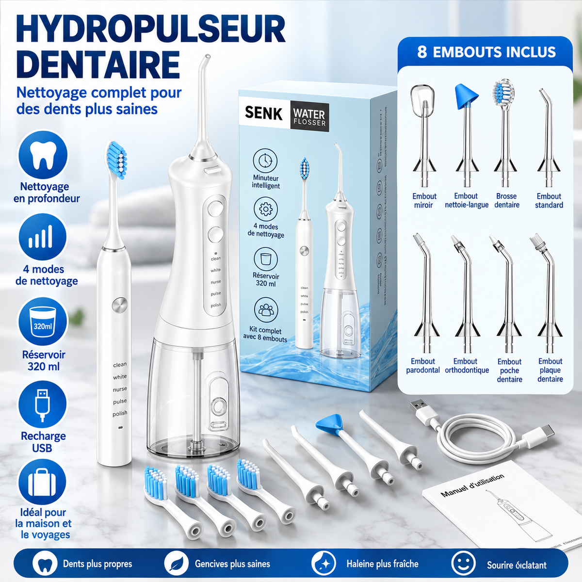 Hydropulseur Dentaire Électrique – Nettoyage Complet & Soin des Dents